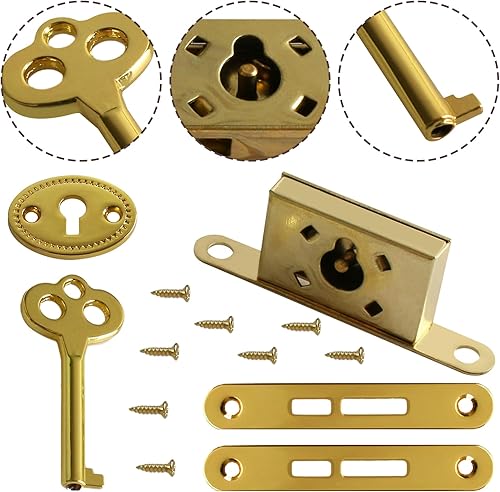 Miniatura 2 de Joyero chapado en oro antiguo con llave y tornillo de montaje para mini cerraduras, llaves de caja de cedro, cerraduras de caja de madera,