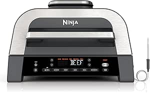Ninja DG551 Foodi Smart XL 6-in-1 Indoor Grill with Air Fry, Roast, Bake, Broil, &amp; Dehydrate, Foodi Smart Thermometer, 2nd Generation, Black/Silver