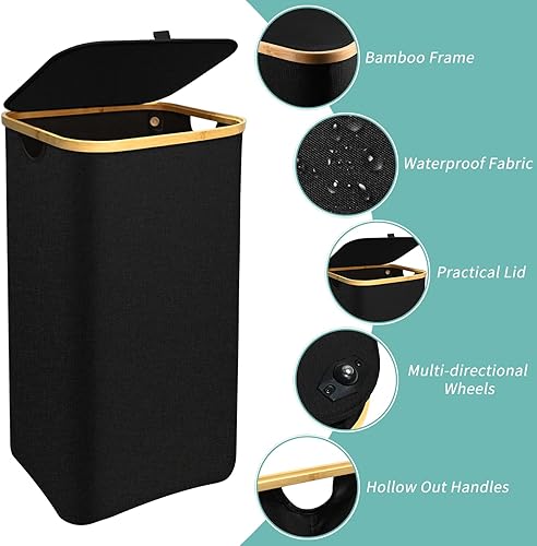 Miniatura 5 de Cesta de lavandería con ruedas  Cesta grande para la ropa sucia con bolsa extraíble, cesta plegable para ropa sucia con asas, cesta de bambú Oxford