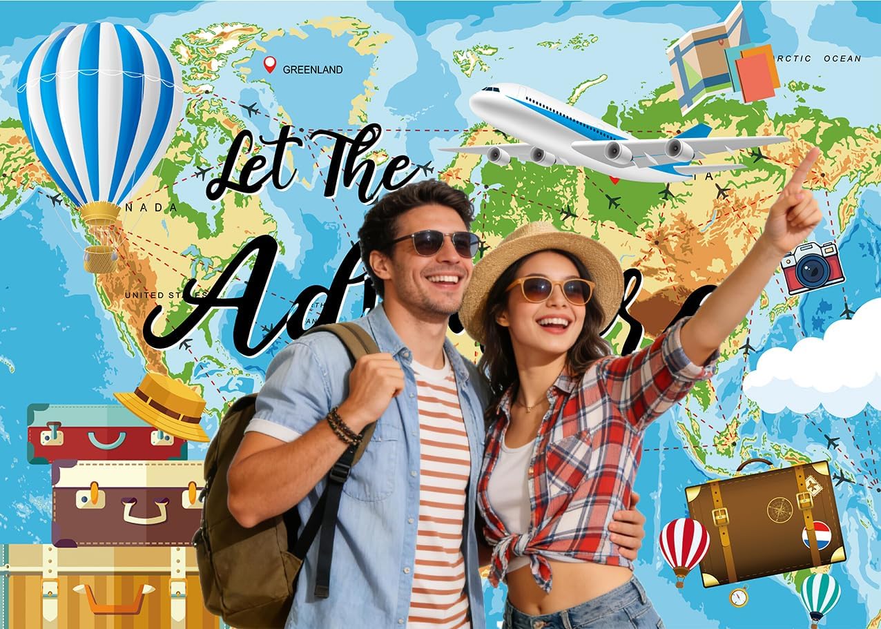 Adventure Awaits Backdrop 8x6FT Let The Adventure Begin Bon Voyage Photography Background Travel Theme Banner Graduation Party Decorations Supplie (96x72 inch)