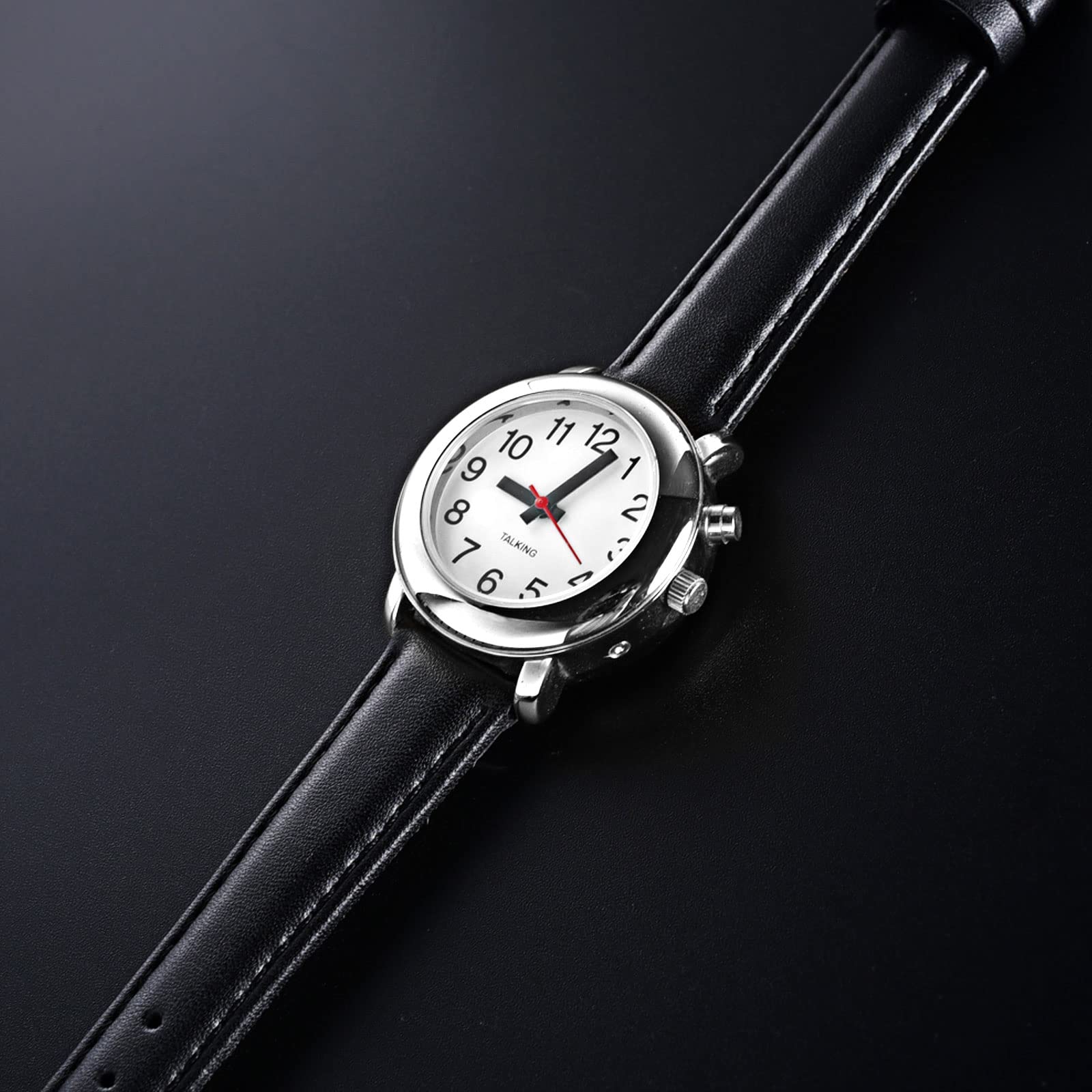 Orologio parlante alla moda, di qualità chiaro e forte voce, ultra sottile da donna, parla l'ora, la data o l'ora di allarme per anziani, vista o ciechi. Con cinturino in pelle nera