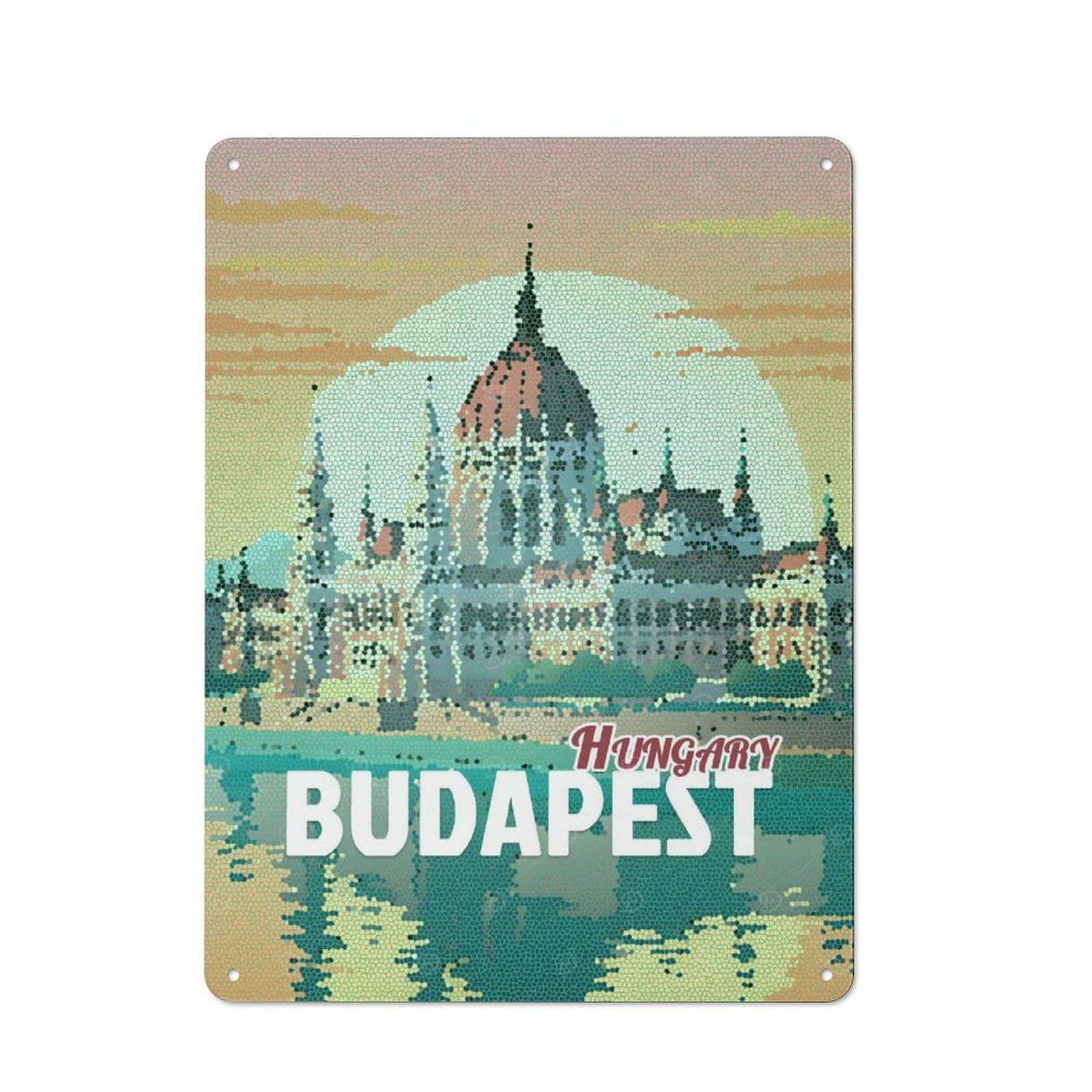 Junmoney Style-7 Budapest Hungary Mosaic Travel Decorative Metal Wall Decor 40X30cm, Decorative Tin Plaque For Bedroom, Kitchen, Office Or Living Room