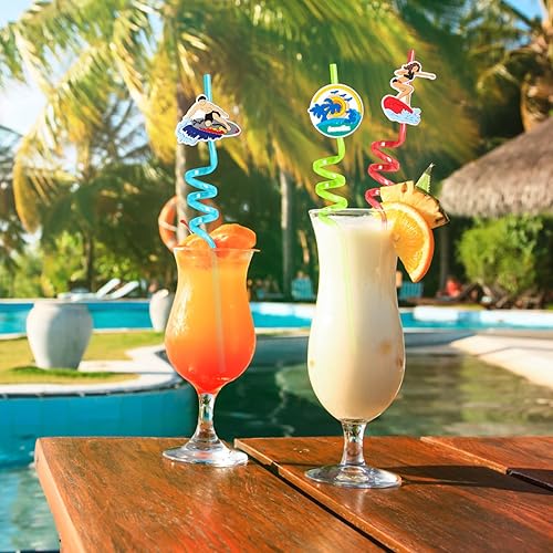 Miniatura 3 de 24 suministros para fiesta de cumpleaños en la playa, pajitas de surf con 2 popotes de limpieza para niños, piscina de verano, fiesta de cumpleaños,