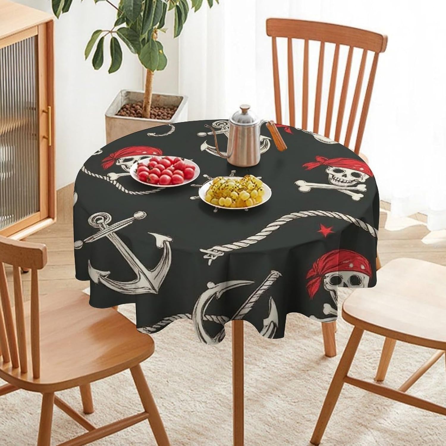 Nautical Anchor Pirate Skulls Crossbones Polyester Table Cloth for Parties Tablecloth Wrinkle Free Dining Table Cover Waterproof Round Tablecloth