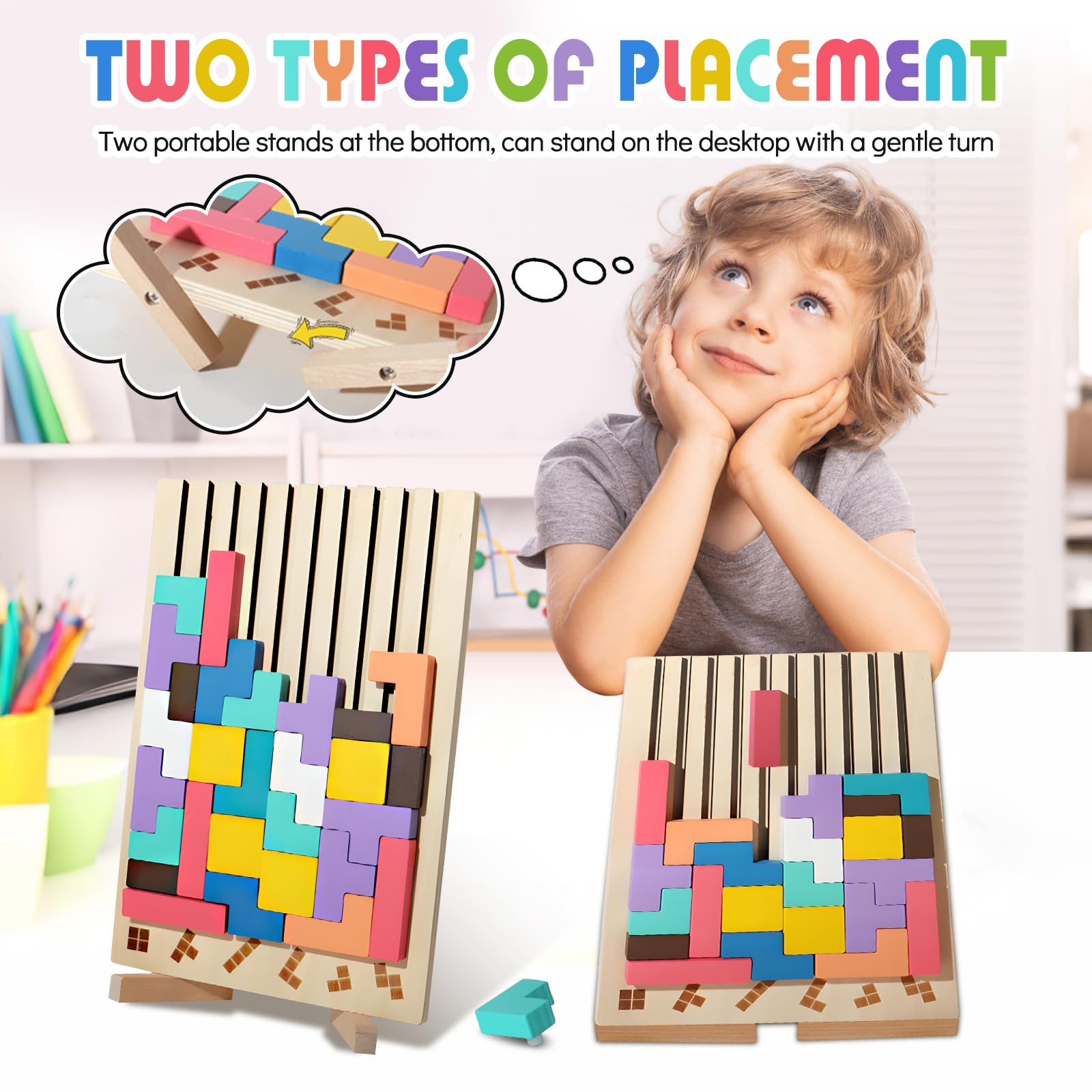 Tetris Gioco per Bambini con Borsa,Puzzle di Legno Tetris Giocattolo Montessori,Cervello Giocattoli, Intelligenza Jigsaw Rompicapo, Regali Educativi per Bambini