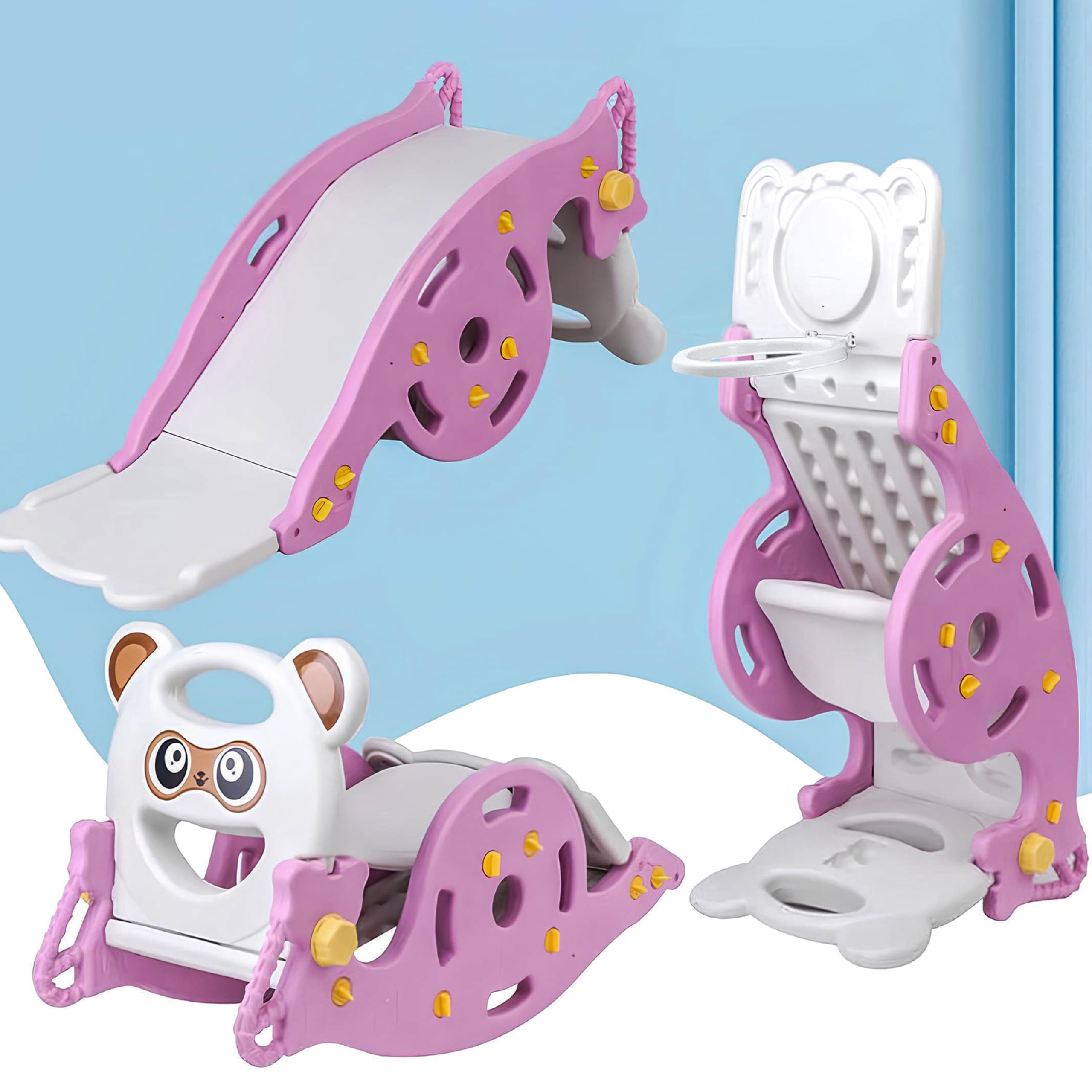 3-in-1 Toddler Rocking Chair, Adjustable Baby Slide, Basketball Hoop Safe Durable Foldable Toddler Playset Indoor/Outdoor Play Set Ergonomic & Portable Fun Play Structure for Kids Ages 1-3