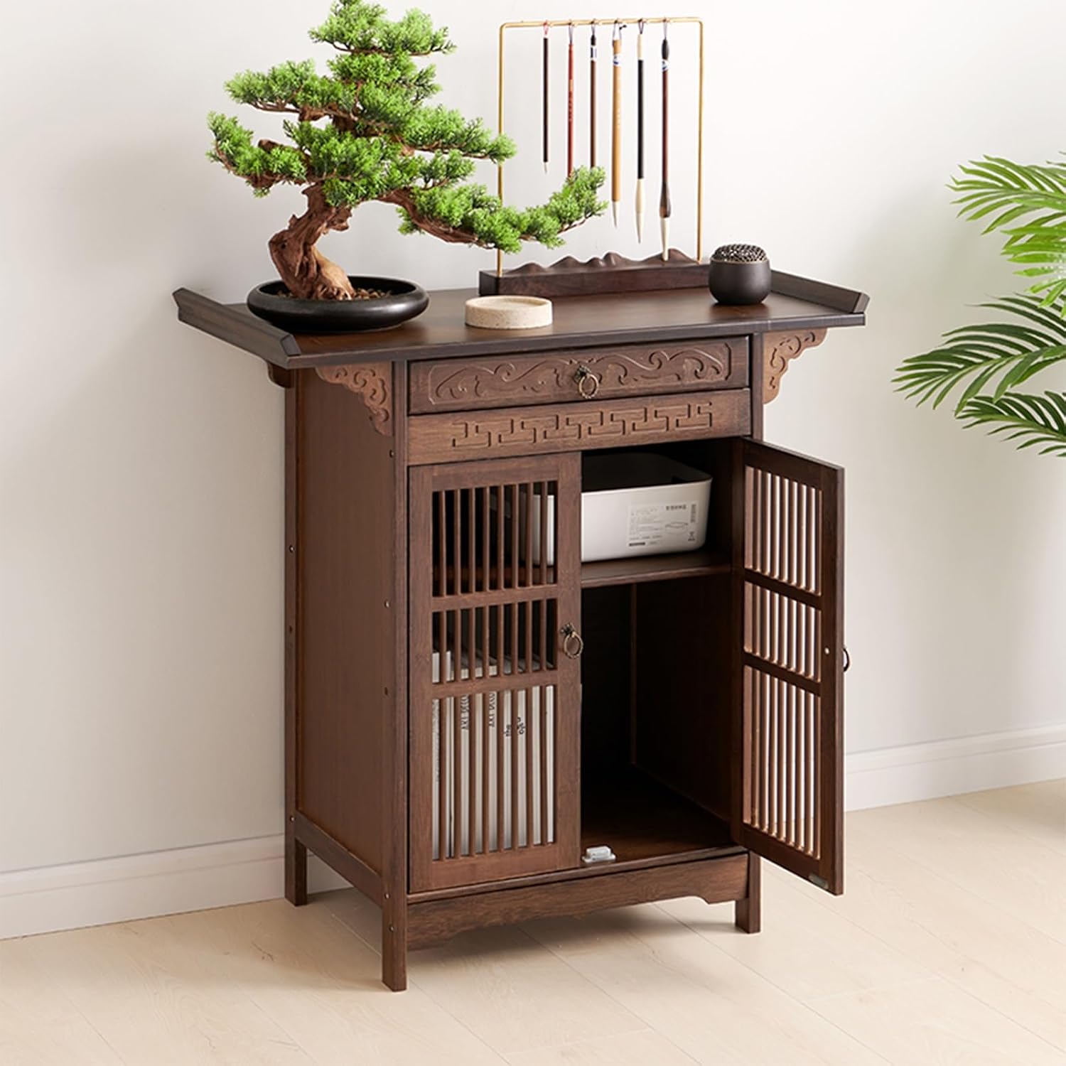 Buddhist Altar Table with Storage, Intricate Chinese Altar Cabinet Pedestal Offering Table, Personal Prayer Shrine Tables for Incense and Pray,Flat Desktop for Home Decor