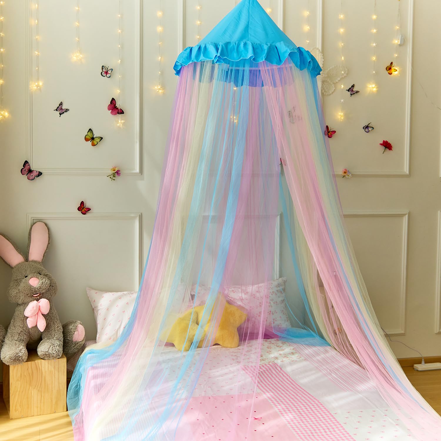 Princess Rainbow Bed Canopy for Girls Bed Net,Princess Canopy for Kids Bed Room Decor (Rainbow) (Blue Rainbow)