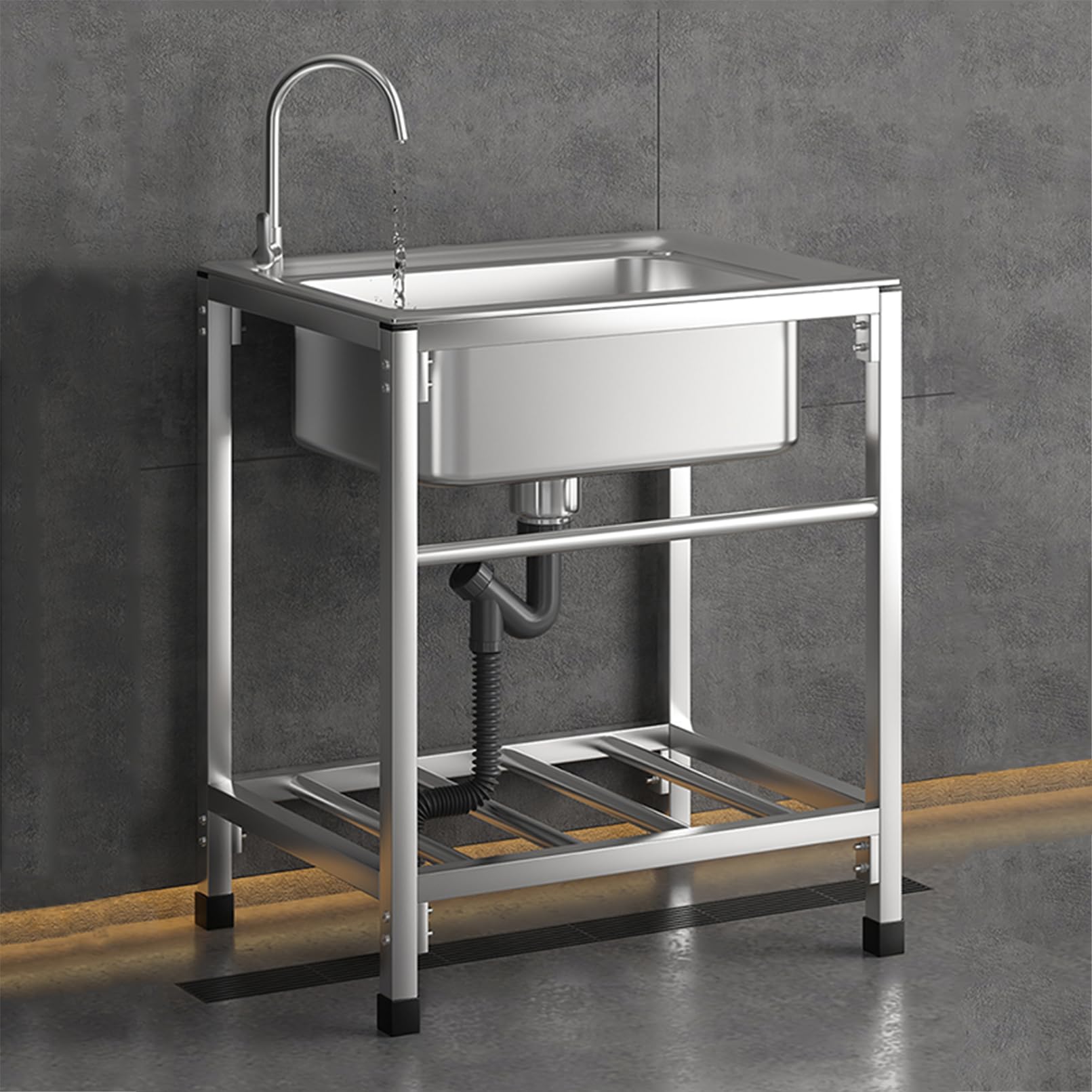 Outdoor Garden Sink Single Trough,Free Standing Commercial Restaurant Sink Set with Storage Shelves for Laundry Tub Backyard Garage