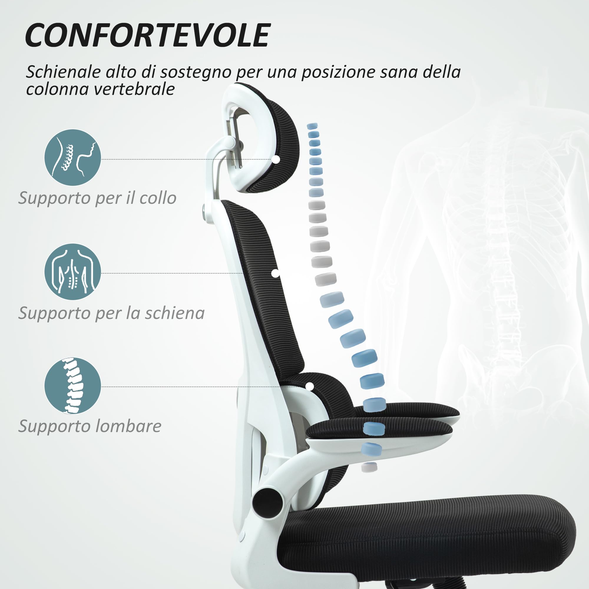 HOMCOM Sedia da Ufficio Ergonomica, Braccioli Ribaltabili, Girevole, Nero
