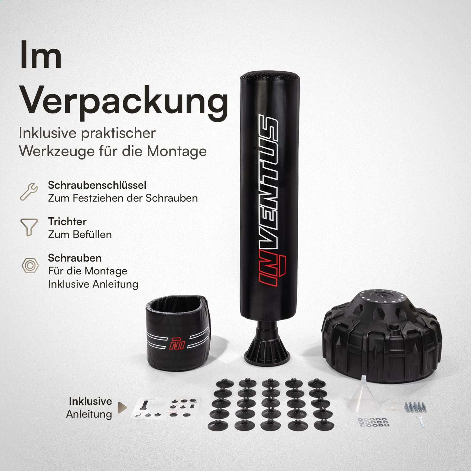 Inventus Boxsack Freistehend für Erwachsene, Schwarz, 185 cm | 25 Saugnäpfe, PU-Kunstleder, EPE-Schaum, Schockabsorption, für Boxen, Kickboxen und Fitnesstraining