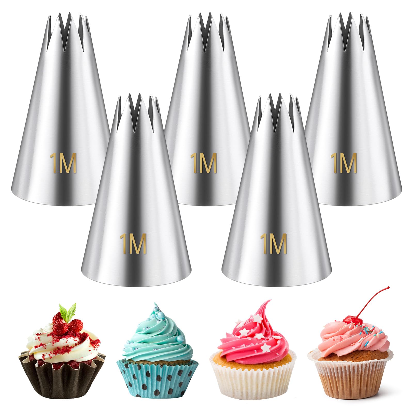 1m Piping Tips, 5 Pcs Stainless Steel Cake Tips Piping Kit Icing Tip Frosting Tip Cookie Decorating Supplies for Decorating Frosting Pastry Diy Cream Cupcakes Cookies(Sliver)