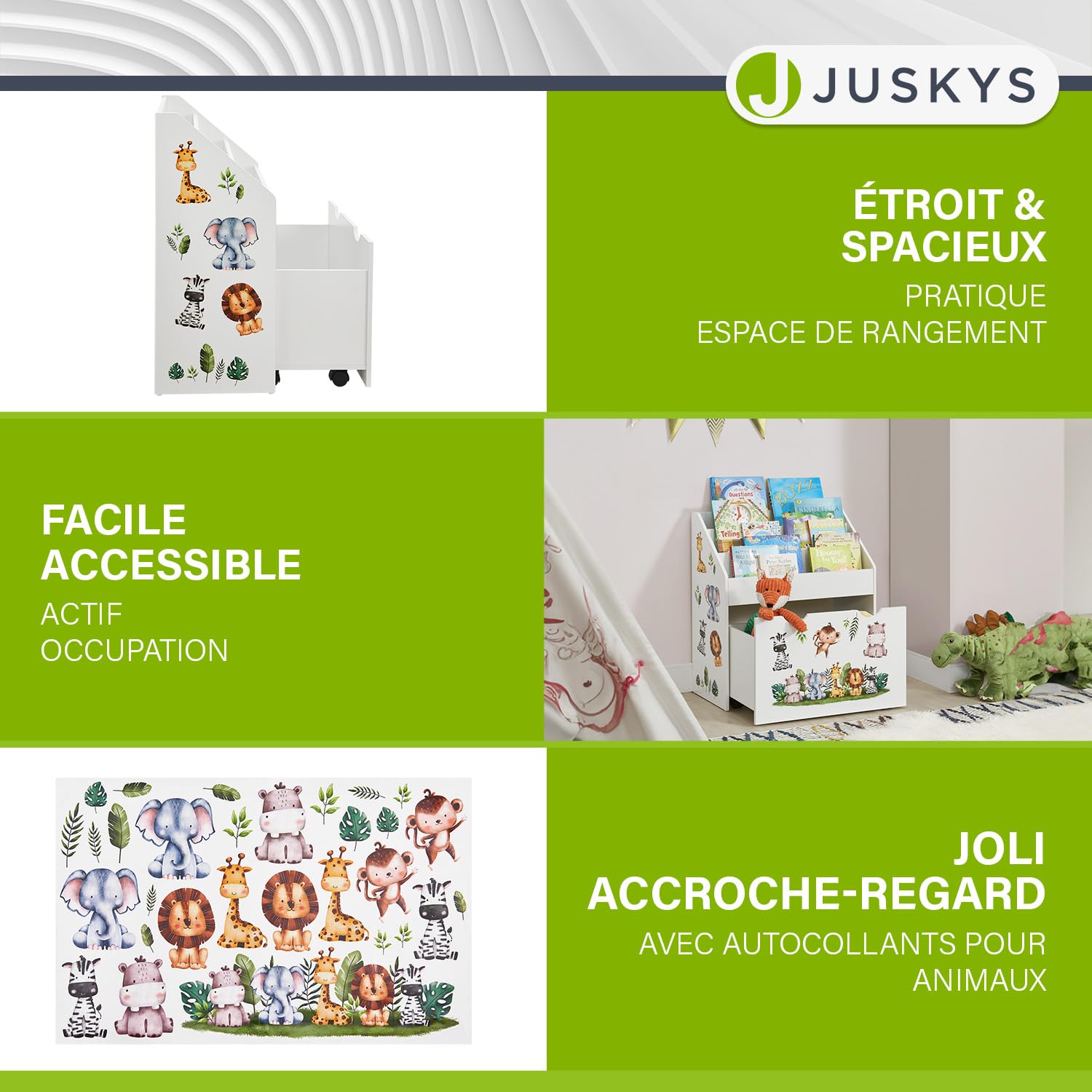 Juskys Bibliothèque pour Enfants avec 3 Compartiments et Coffre à Jouets – Étagère en Bois Blanc – 63 x 30 x 70 cm lPL – Rangement pour Livres et Jouets dans la Chambre d'enfant