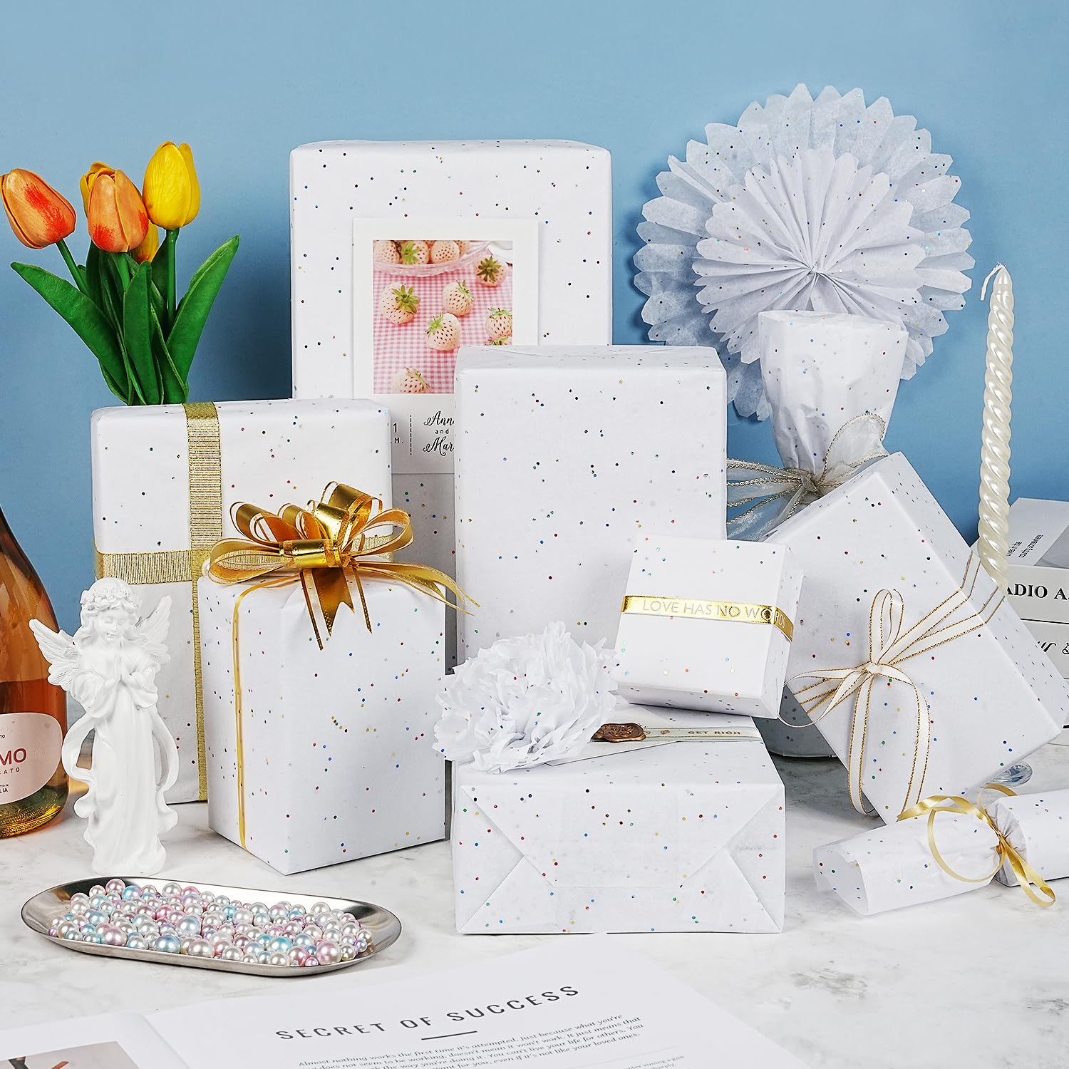 Fogli di carta velina bianca, 35 x 50 cm, 60 fogli di carta velina bianca glitterata lucida sfusa per sacchetti regalo, imballaggio, artigianato, compleanno, matrimonio, baby shower, decorazioni per