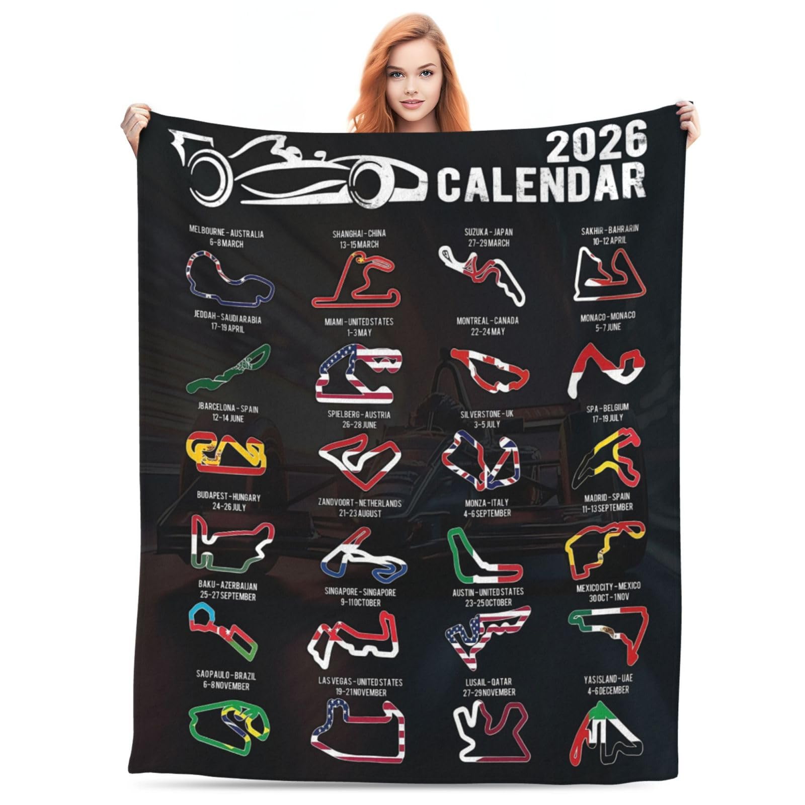 SereneSage 2026 F1 Race Fleece Blanket - 59"x51" Large Formula One Season Schedule Throw - Premium Thickened Flannel, Track Maps & National Flags - Ultimate Gift for Racing Fans