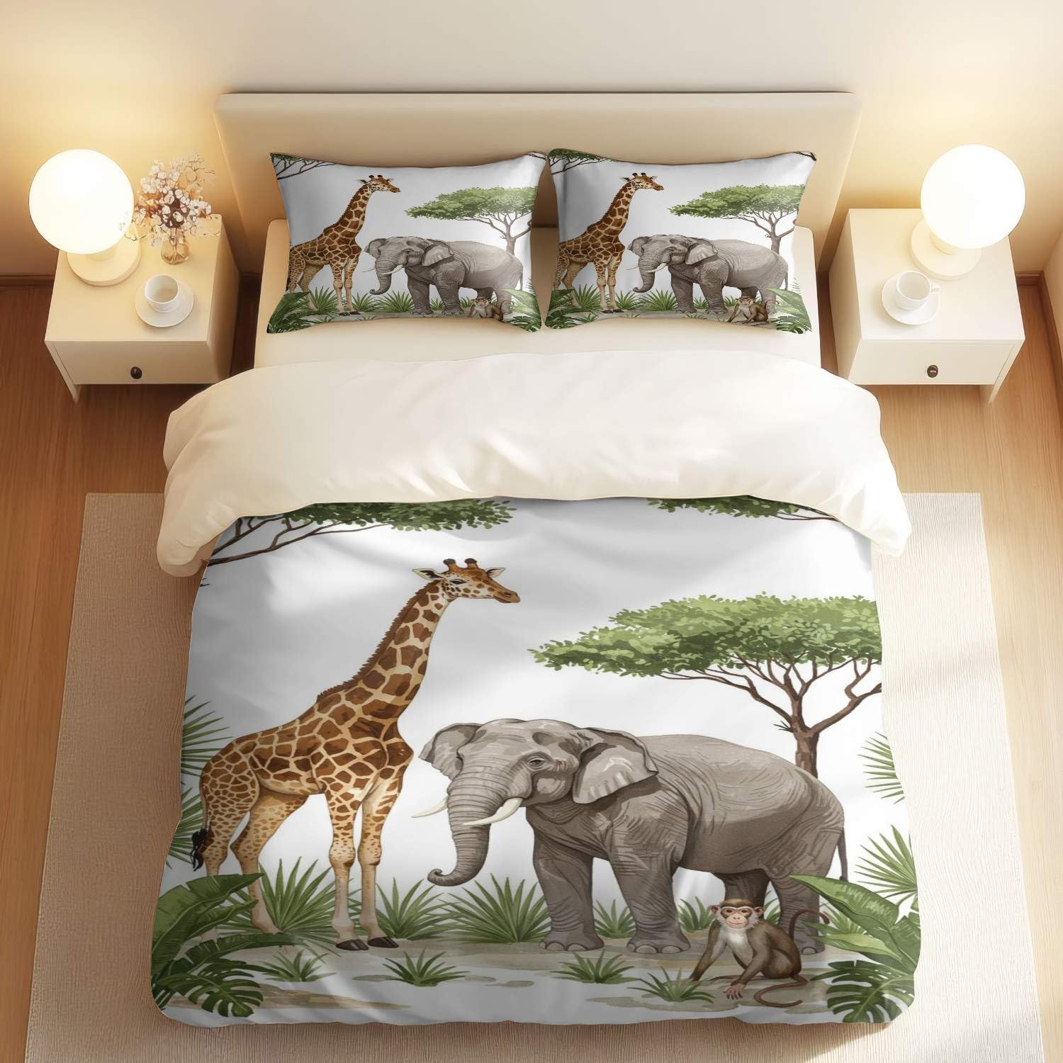 Housse de couette girafe éléphant zèbre et taies d'oreiller 50x75 cm