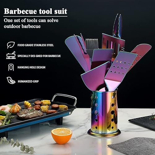 Miniatura 3 de Berglander Kit de accesorios para parrilla Rainbow de 10 piezas con un soporte para utensilios, mango de acero inoxidable montado con baqulita, hace