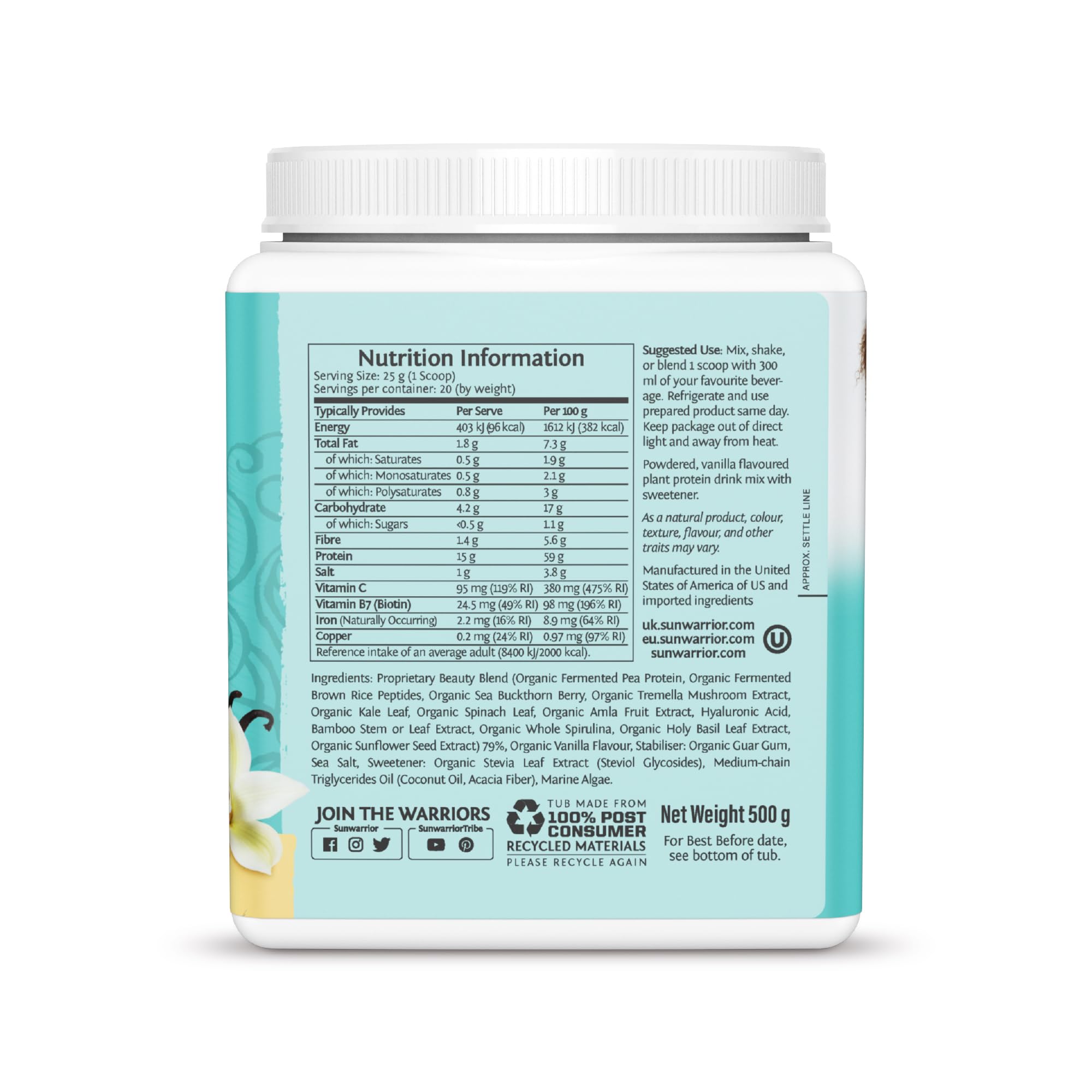 Proteine in polvere - proteine vegetali - massa muscolare in scatola - facile da compattare -peptidi proteici da costruzione - vaniglia tahitiana - 500 G - Sunwarrior COLVAN500_2022