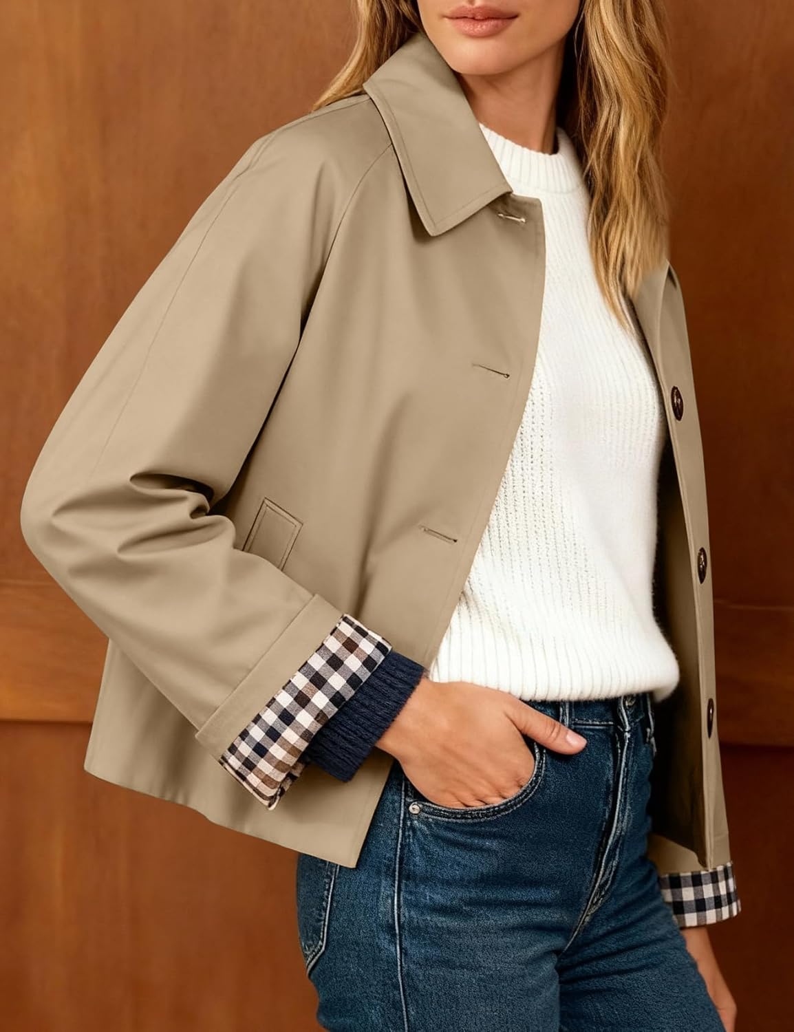 Flygo Womens Trench Coat Cropped Casual Jackets Oversized Button Down Long Sleeve Lapel Jacket Coats - Image 3