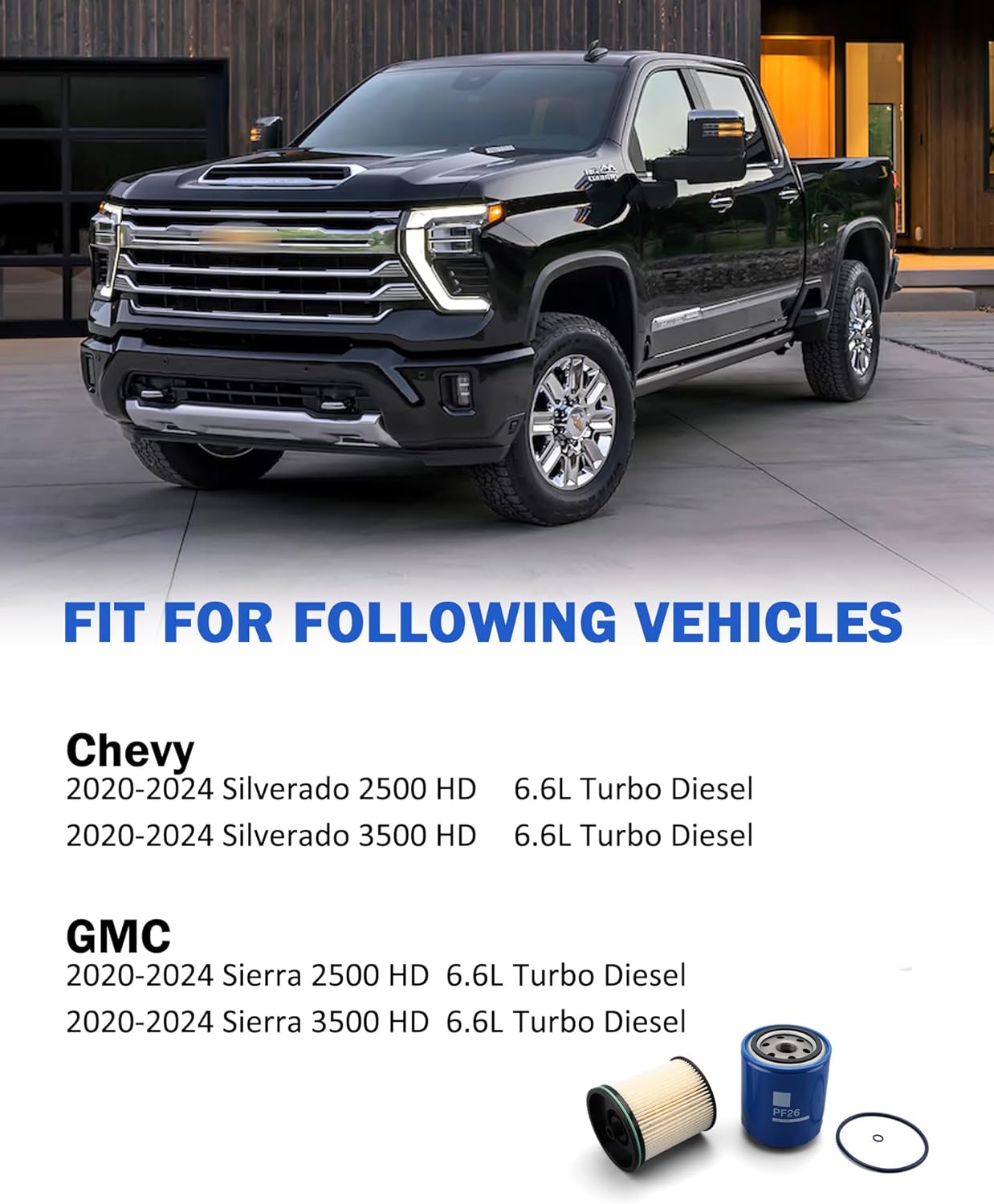 6.6L Duramax L5P Diesel Filter Kit PF26 Oil Filter TP1015 Fuel Filter A3248C Air Filter for 2020-2024 Silverado Sierra 2500HD 3500HD Replace 84554703