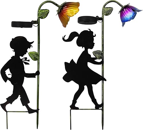 Paquete de 2 luces solares de jardín, siluetas LED de paisaje para niño y niña, decoración de metal para exteriores, para jardín, paisaje, camino,