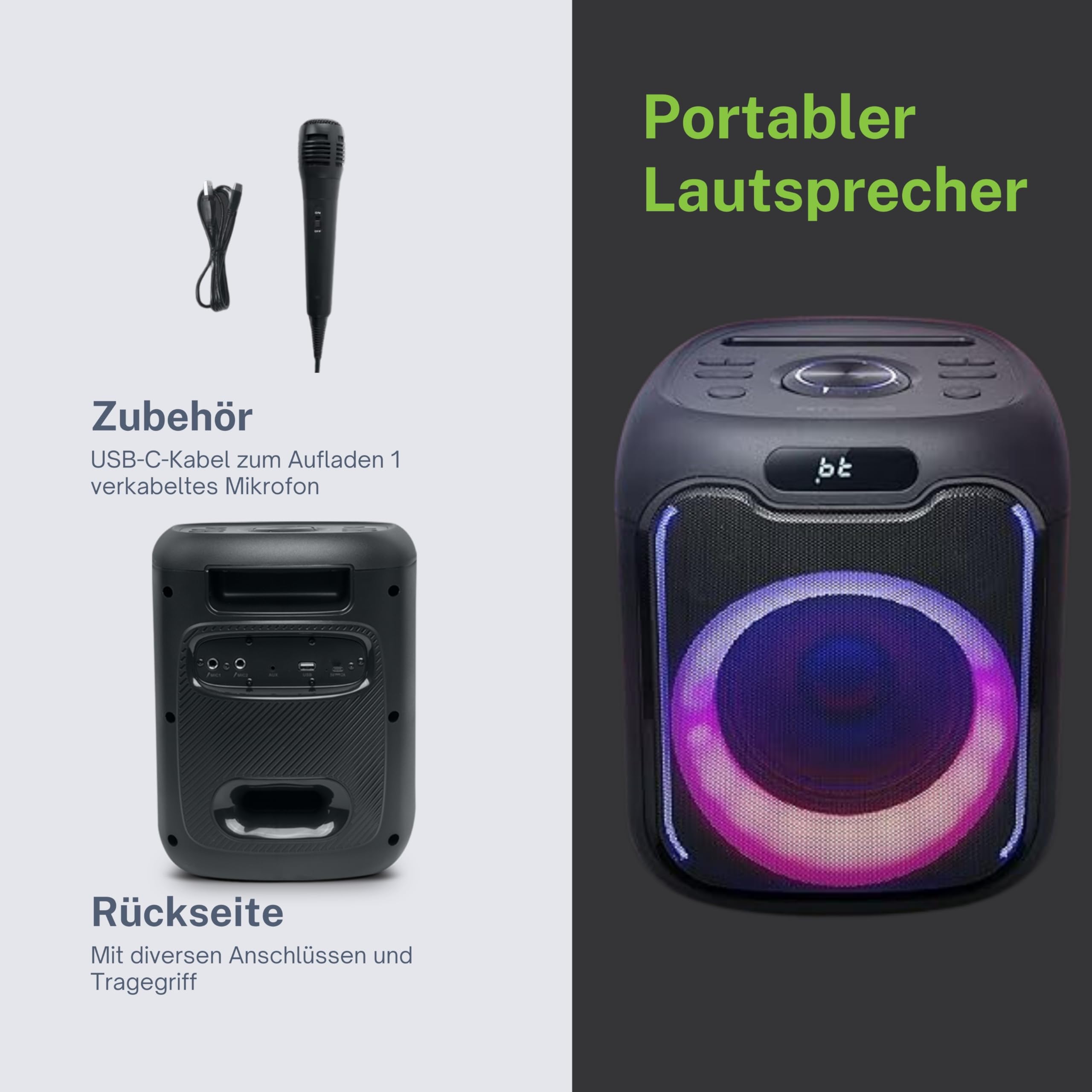 MUSE M-1803 Bluetooth Partybox, 150 Watt, Lichteffekte, Netz- und Akkubetrieb, 1 Mikrofon, Stereo Pairing Funktion