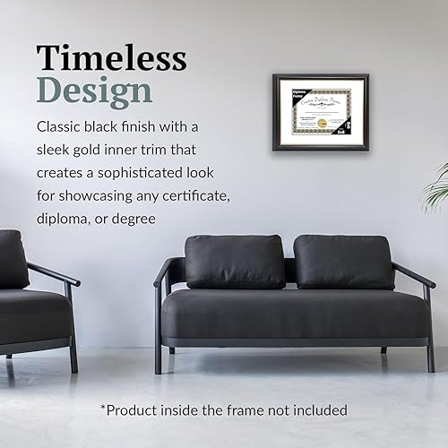 Vista 196 de Creative Picture Frames Marco para diploma Rockefeller de 9 x 12 pulgadas, color negro con borde dorado, muestra un certificado de 9 x 12 pulgadas