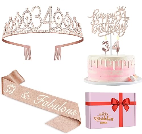 Miniatura 16 de Decoraciones de cumpleaños de 33 años para mujeres, incluyendo banda de cumpleaños, tiara/corona, velas numéricas y decoración de pastel, regalos