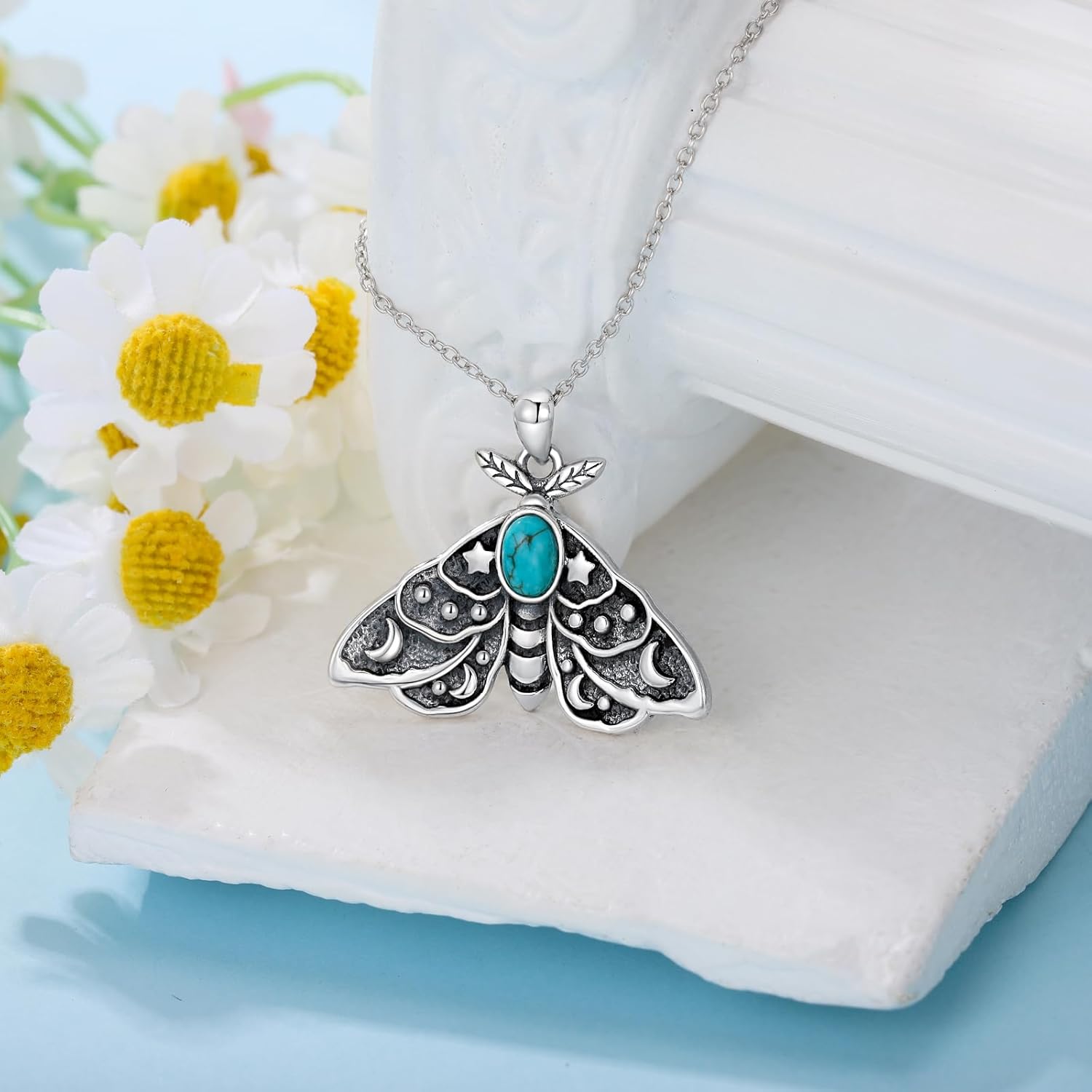 Moth Necklace 925 Sterling Silver Real Turquoise Gemstone Wiccan Moth Pendant Animal Vintage Jewelry Gifts for Women - Image 3