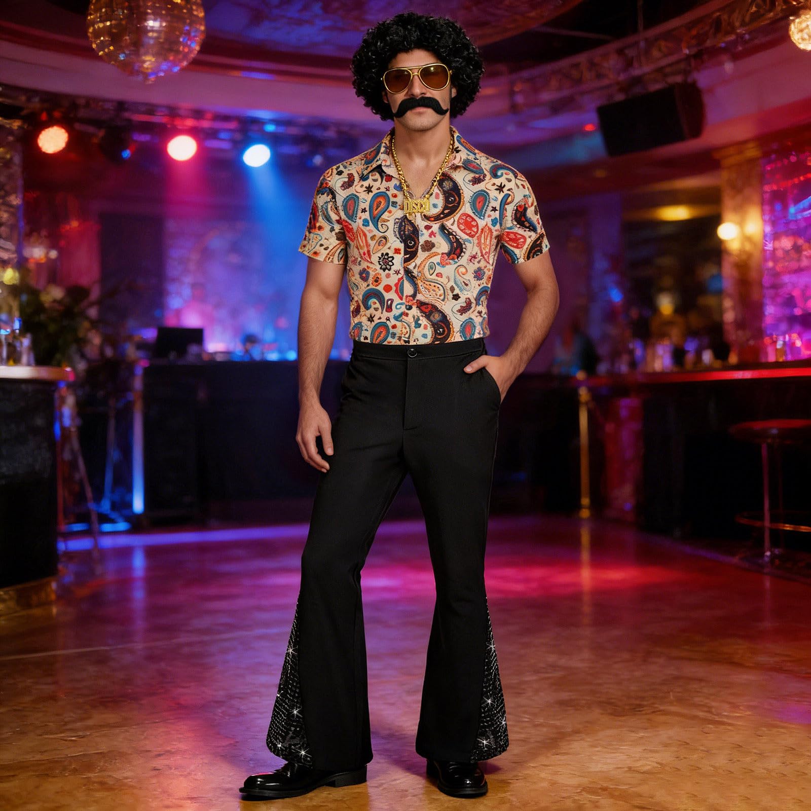 80Er Jahre Outfit Herren Retro Kostüm 6 Stück Disco Set, Hippie 70Er Silvester Hemd Und Schlaghose Mit Perücke Sonnenbrille Schnurrbart
