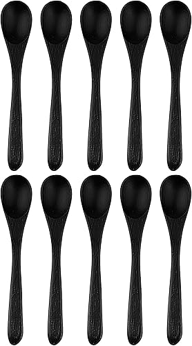 Vista 22 de BambooMN Cucharas de bambú, mini cuchara de sal/pequeñas cucharas de madera para especias, 100 piezas ovaladas marrón carbonizado de 4.3 pulgadas