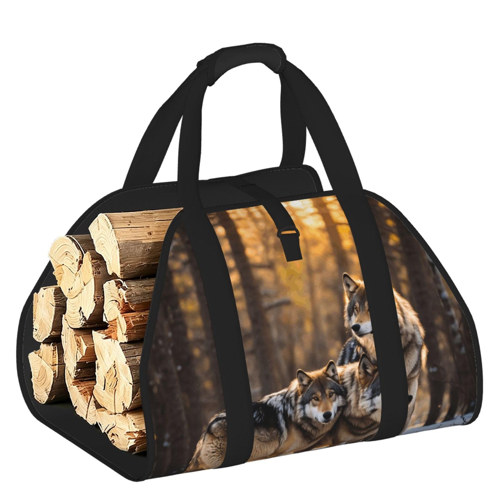 Wolfs Printed Firewood Carrier Bag, Log Tote with Open-Ended Design for Camping Outdoor Wood Hauling