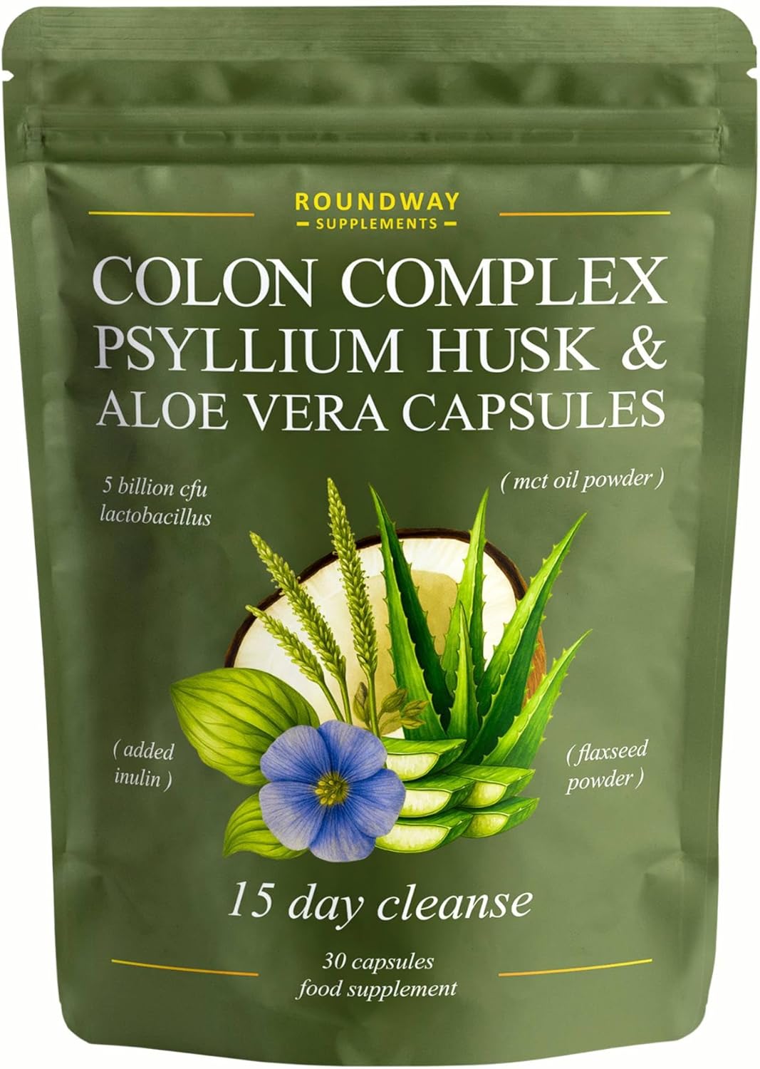 Colon Cleanse | 15 Day Detox with Psyllium Husk, Aloe Vera, Acidophilus Probiotic, Flaxseed Powder, MCT Oil, 30 Capsules | Colon Complex Made in The UK by Roundway Supplements