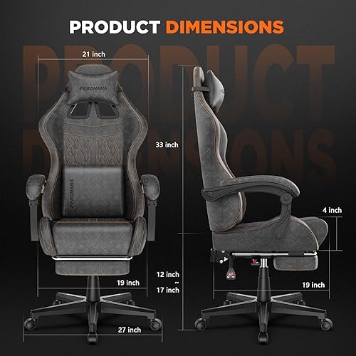 Miniatura 3 de Ferghana Silla vintage de piel sintética para videojuegos, silla de jugador con respaldo alto con masaje, silla ergonómica de oficina para