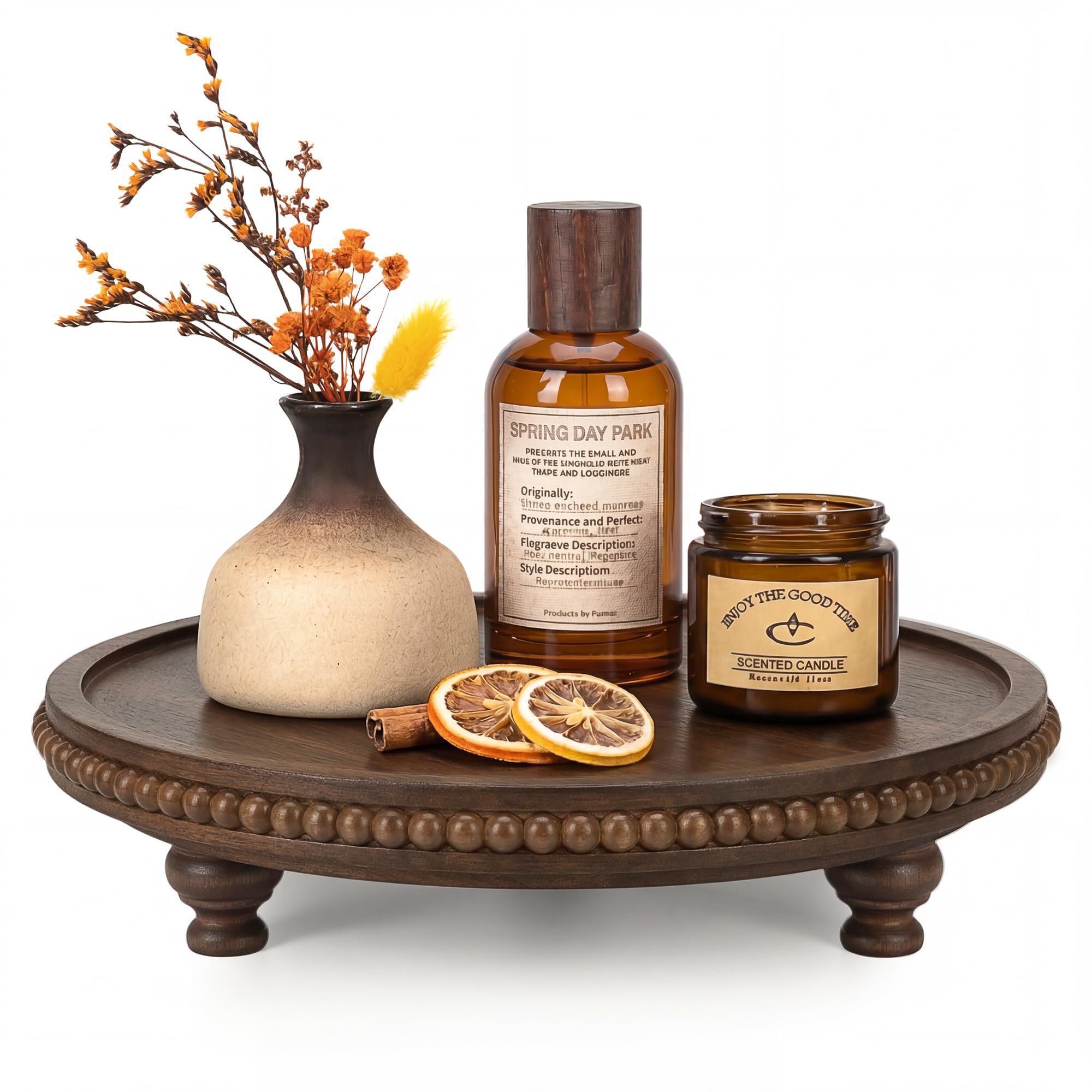 EOSAHR Runde Aufstellerhöhung mit Perlen für Boho-Dekor – 3-Bein-Holzständer für Couchtisch, Kuchenständer, Parfümtablett & Schminktisch-Organizer – Erhöhung für Dekoration (dunkle Akazie)