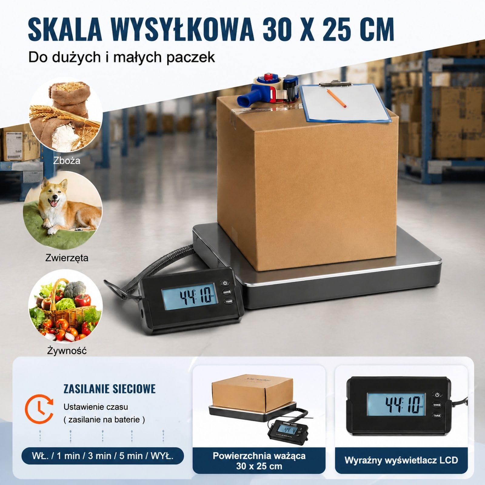 Cyfrowa waga platformowa do paczek i przesyłek, stal nierdzewna i ABS, funkcja tarowania, kg/lbs/lbs:oz, dokładność 50 g, do domu, biura i magazynu