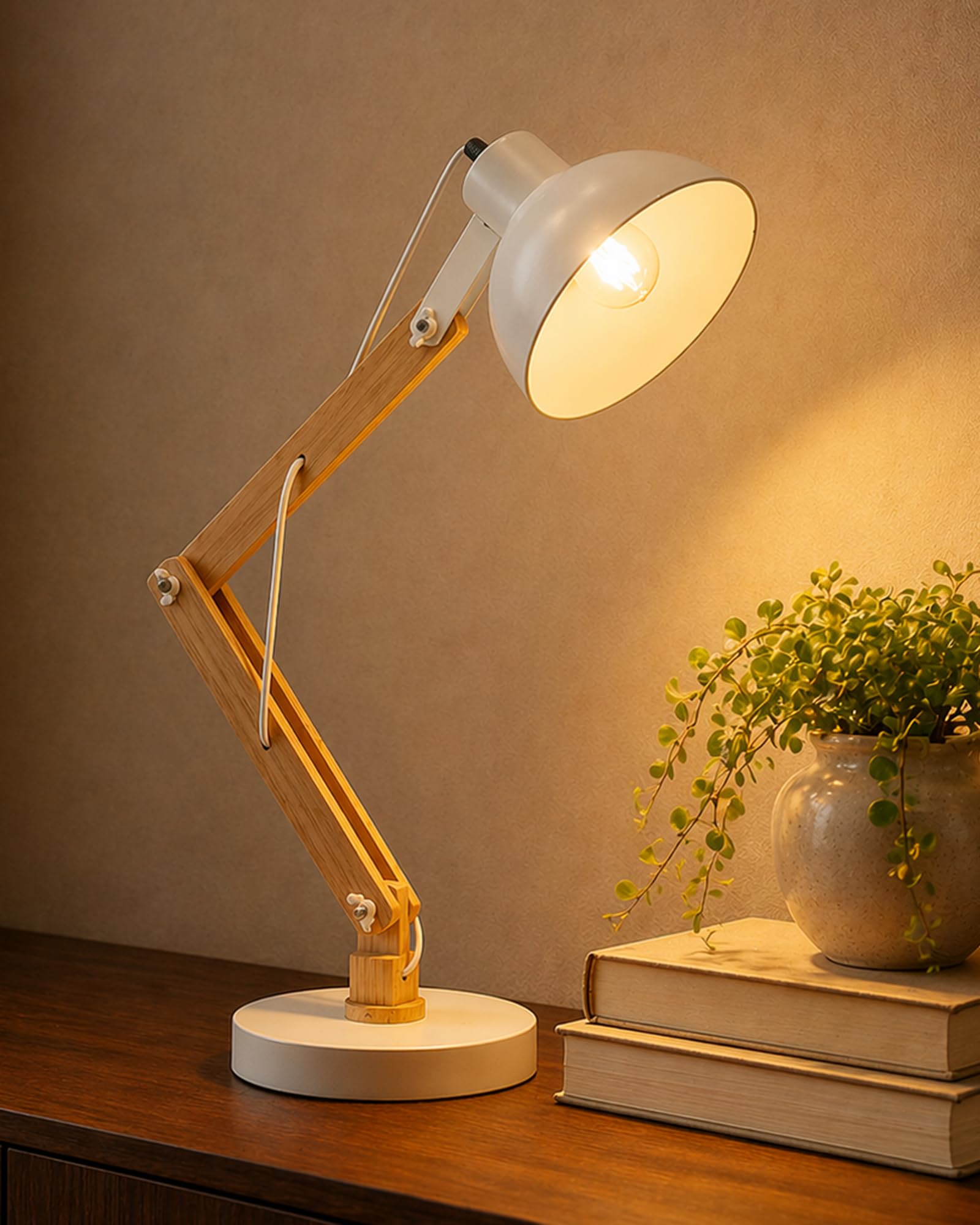 Homesake® Lamp, Table Lamp, Study Lamps, Home Decor Items, Lamp for Living Room, Light Lamps, Desk Lamp, Table Lamps for Bedroom, Room Decor, Swing Arm - (Wood Metal, White)-image-32