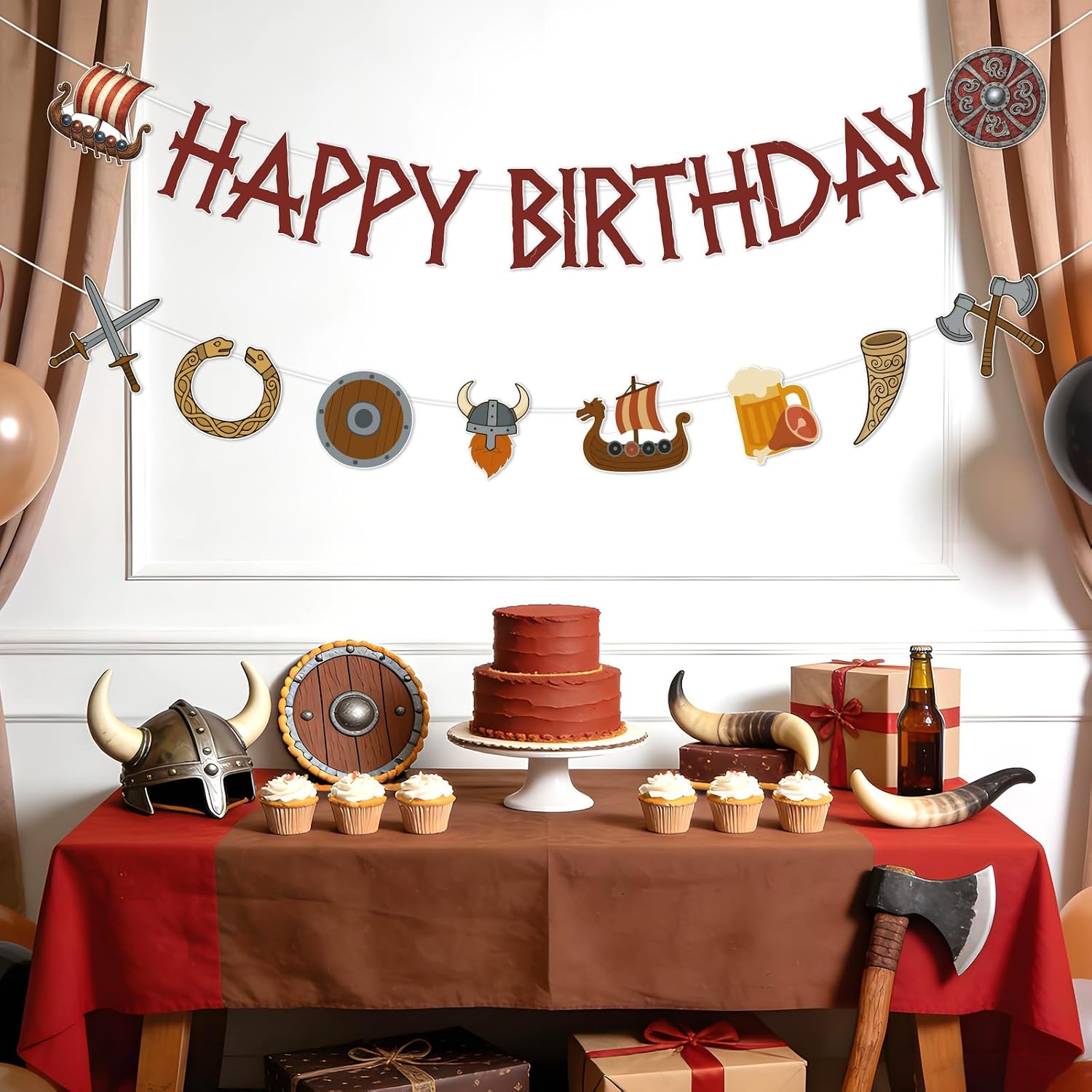 Viking Birthday Party Decorations for Men, Medieval Norse Happy Birthday Garland, Pirate Hanging Banner Sign for Birthday Nordic Viking Decor Supplies