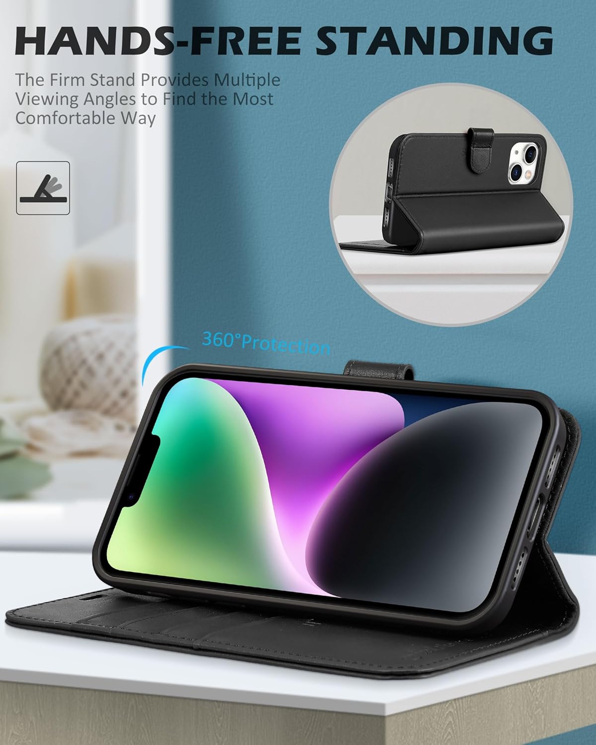 SHIELDON Case for iPhone 14 Plus 5G 2022, Genuine Leather Magnetic Folio Wallet Shockproof Cover Kickstand RFID Blocking Card Slots Compatible with iPhone 14 Plus 6.7" - Black