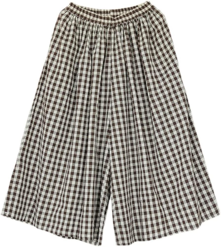 chouyatou Women's Cotton Linen Pants Elastic Waist Plaid Gingham Wide Leg Capri Palazzo Pants - Image 5