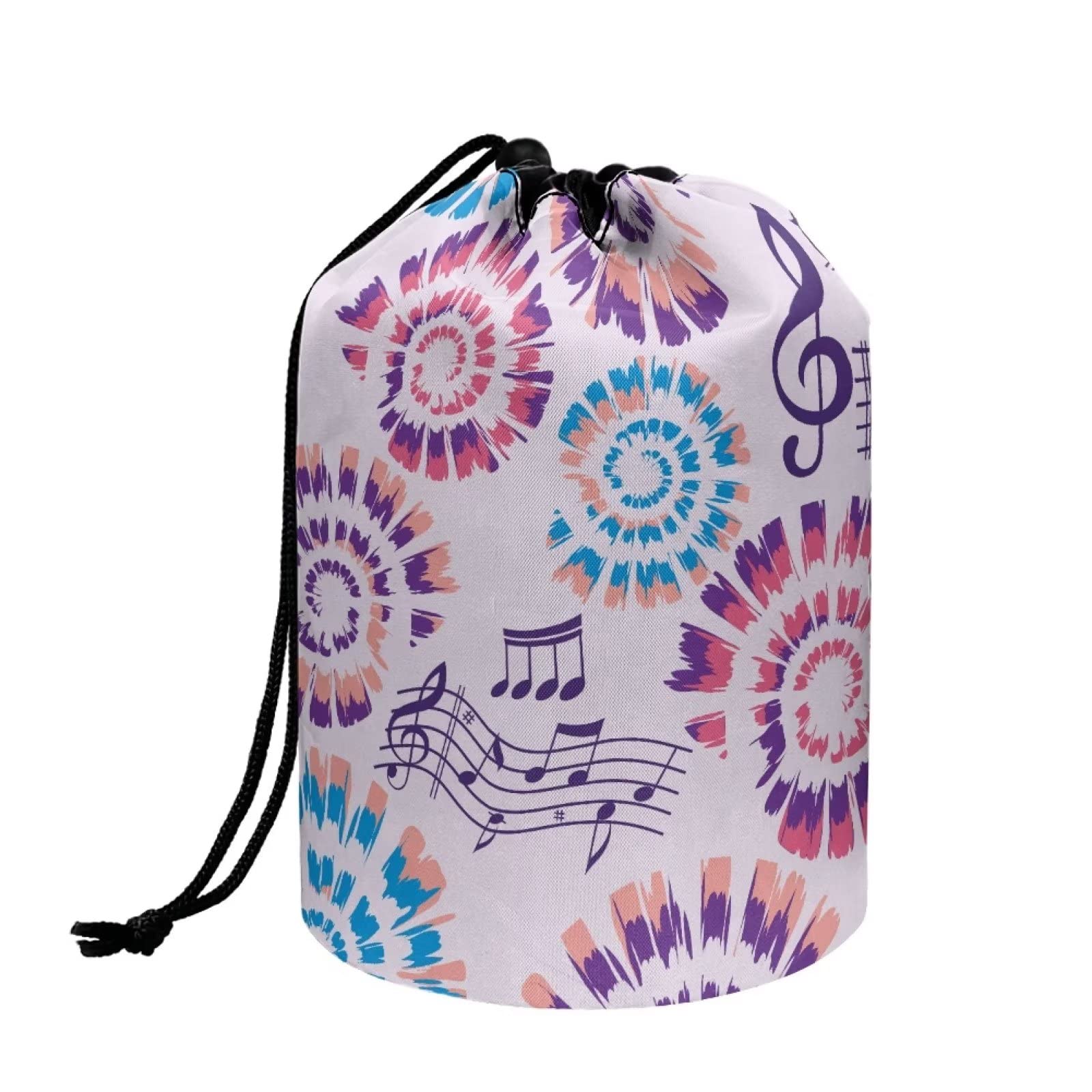 Gomyblomy Tie-Dye Musical Notes Cosmetic Bag Portable Drawstring Toiletry Bag,Soft Foldable Storage Bag Round Storage Bag Travel Accessories