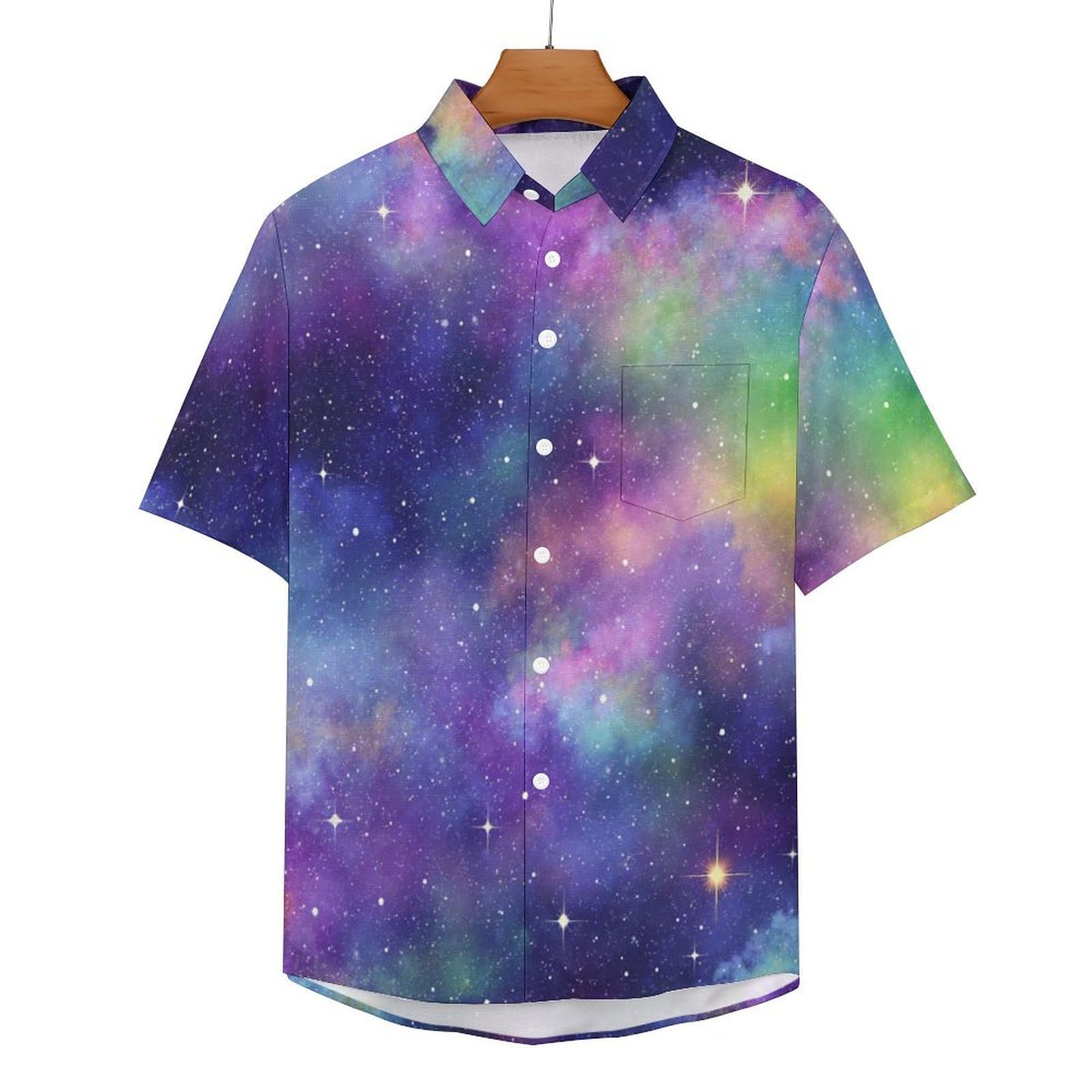 Camicie da Uomo a Maniche Corte con Stampa della Galassia Arcobaleno Sogno, Casual Leggere Bottoni Camicia con Tasca Frontale, per Vacanze Spiaggia Estate