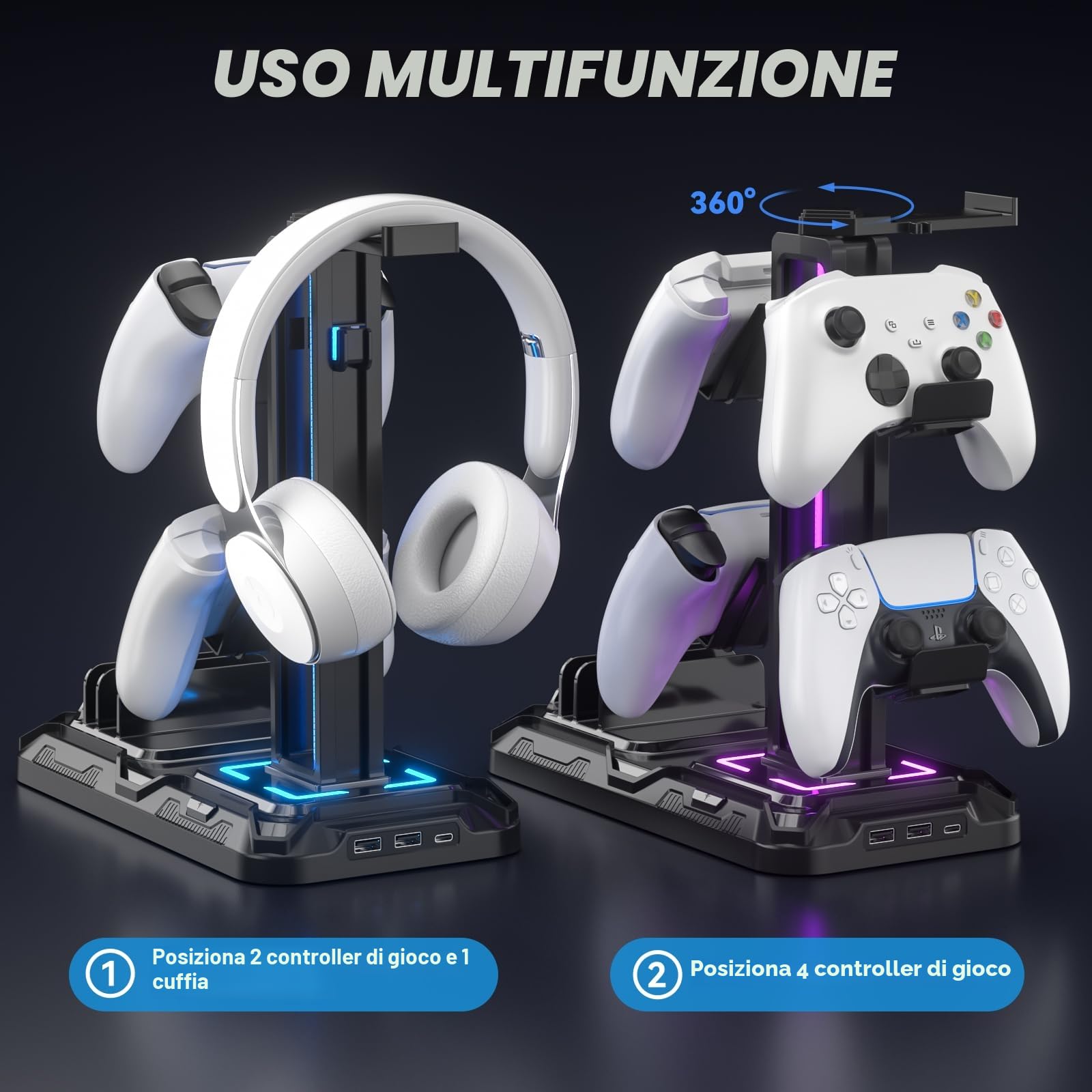 KDD Porta Cuffie da Scrivania con Supporto Telefono, Stand Cuffie Gaming Nero, Porta Controller Staccabile 9 Modalità Illuminazione, USB