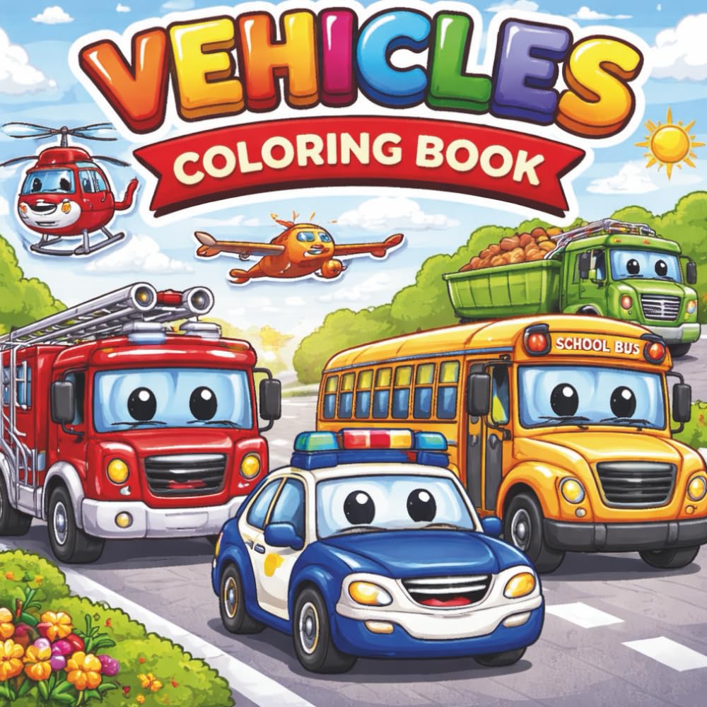 Vehicles Coloring Book for Kids: Fun and Easy Cars, Trucks, Planes, Fire Trucks and More