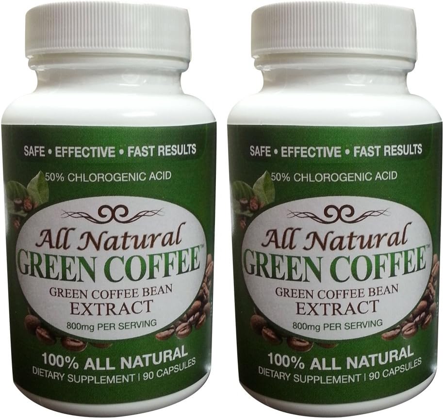 All Natural Green Coffee Bean Extract|Two Bottle Pack|50% Chlorogenic Acid|90 Count|800mg Serving|No Shipping Charge!|Veggie Caps