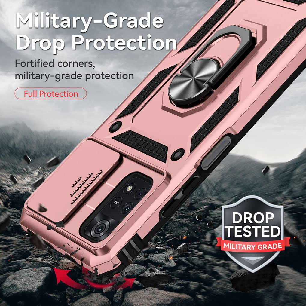 SEEKO Cover Per Xiaomi Poco M4 Pro 4G – Scorrevole Con Anello E Supporto Rosa Oro