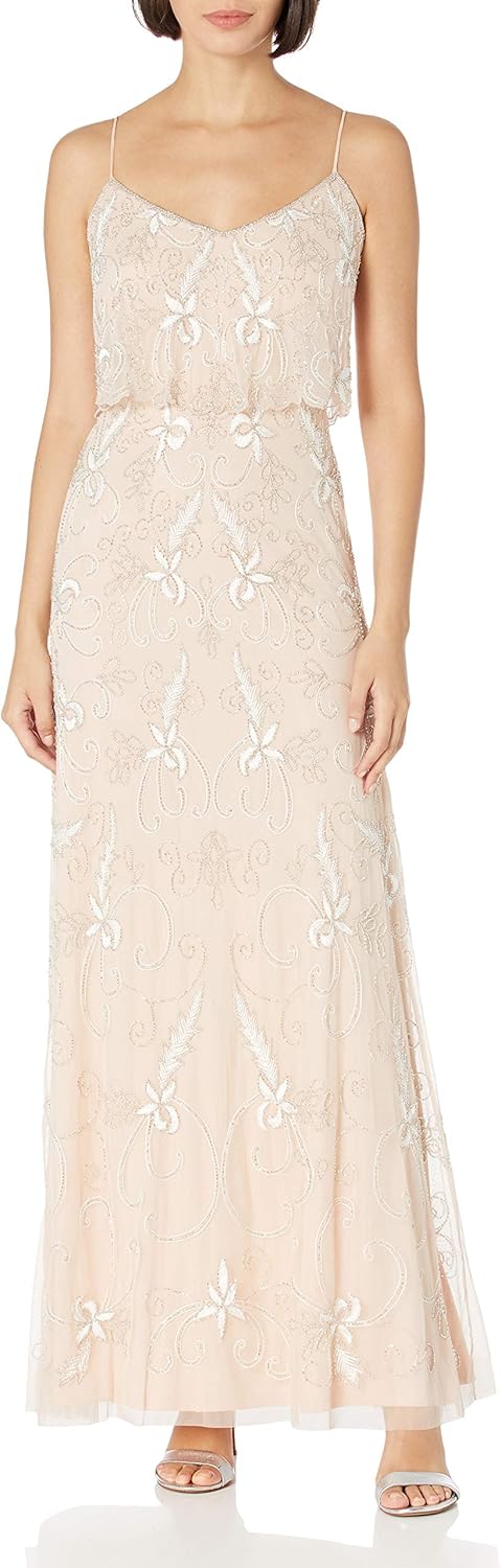 Adrianna Papell Women's Long Beaded Dress 2 Champagne Sand