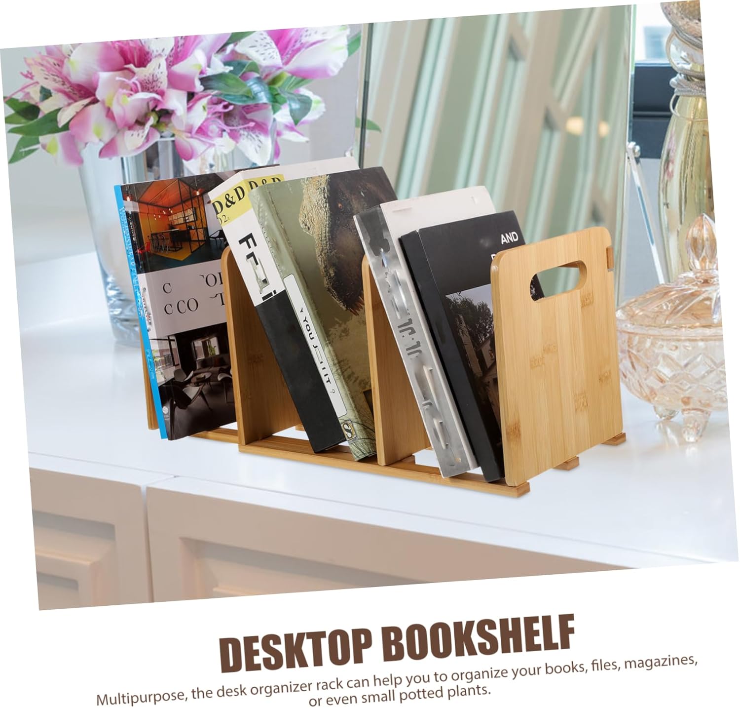 SHINEOFI Retractable Book Organizer Adjustable Multi-Function Bamboo Bookcase for Small Spaces Desktop Bookshelf Stand for Students and Home Office Use