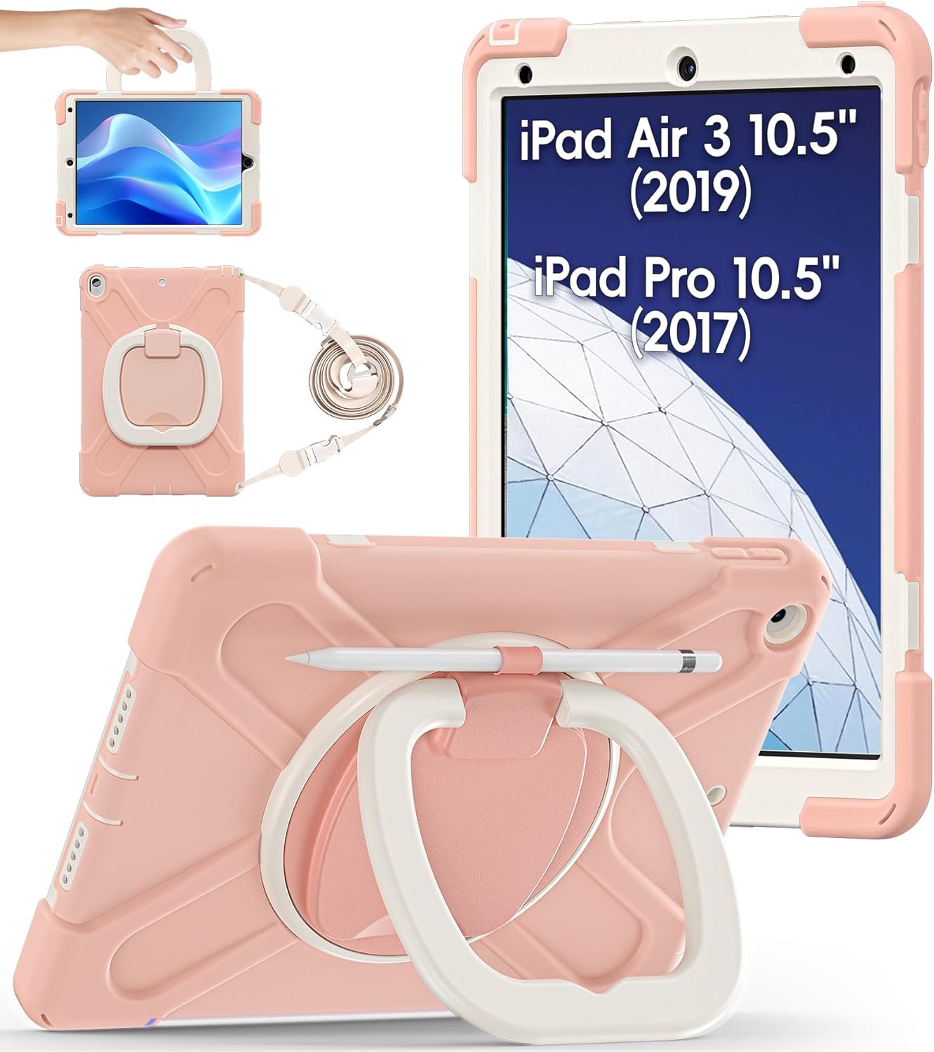 BATYUE 10.5 inch Case for ipad Air 3rd Generation 2019 / ipad pro 10.5 2017; Rugged Heavy Duty Protective Cover with Pencil Holder, 360° Swivel Stand, Shoulder Strap; for Kids (Rose Gold)