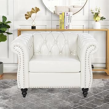 White Faux Leather Chesterfield Chair, Classic Upholstered Rolled Arm Accent Chair, Wingback Club Chair, with Nailhead Trim, for Living Room Bedroom Office